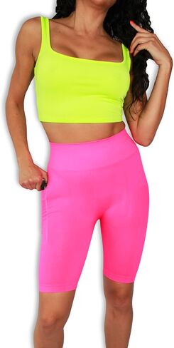 Solid Neon Colored High Waist Athletic Seamless Biker Shorts with Side Pocket in Saudi Arabia