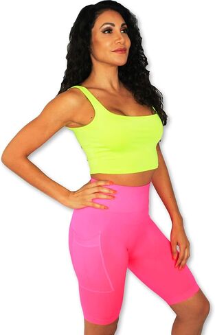Solid Neon Colored High Waist Athletic Seamless Biker Shorts with Side Pocket in Saudi Arabia