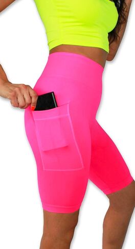 Solid Neon Colored High Waist Athletic Seamless Biker Shorts with Side Pocket in Saudi Arabia
