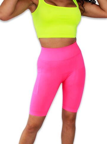 Solid Neon Colored High Waist Athletic Seamless Biker Shorts with Side Pocket in Saudi Arabia