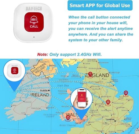 زر اتصال Tuya WiFi الذكي SOS، زر الذعر اللاسلكي، إنذار شخصي لكبار السن والمريض المعاقين، 2 أزرار طوارئ قابلة لإعادة الشحن، يدعم فقط شبكة Wi-Fi 2.4 جيجا هرتز in Kuwait