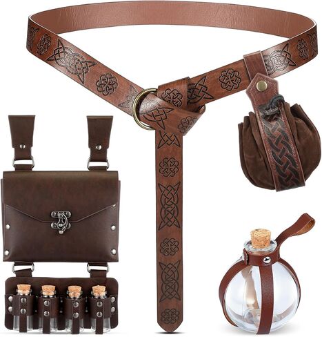 4 قطع من إكسسوارات عصر النهضة، حقيبة الخصر، حقيبة الخصر، زجاجة جرعة، حزام من الجلد الصناعي، مع 4 قوارير جرعة من الفلين للهالوين (القهوة) in Kuwait