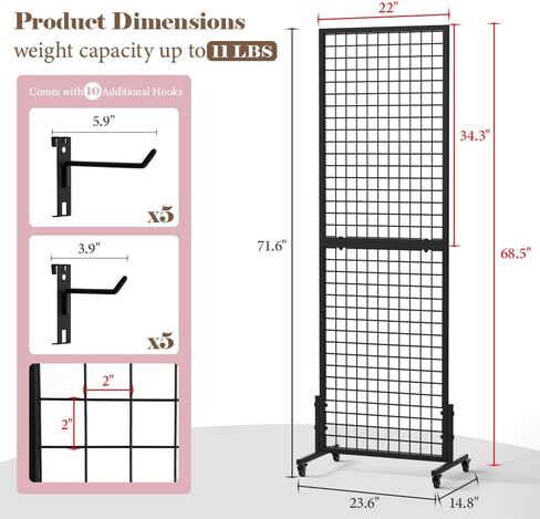 Kokorona 2-Pack 2.9' x 6' Grid Wall Panel Display Stand with 10 Grid Hooks, Wire Grid Wall Display Rack with Rubber Wheels, Floorstanding Art Display Panels for Art Craft Show, Retail Display Stand in Saudi Arabia