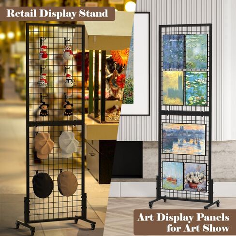 Kokorona 2-Pack 2.9' x 6' Grid Wall Panel Display Stand with 10 Grid Hooks, Wire Grid Wall Display Rack with Rubber Wheels, Floorstanding Art Display Panels for Art Craft Show, Retail Display Stand in Saudi Arabia