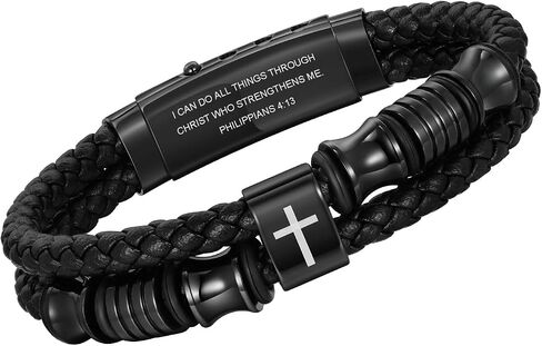 TempBeau Christian Black Leather Bracelet for Men - Double-Row Braided Leather Faith Cross Bracelets for Men Jewelry Gift Religious Baptism Easter Gifts for Young Men Teenage,Adjustable Wristband in Saudi Arabia