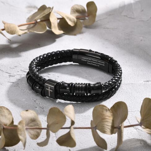 TempBeau Christian Black Leather Bracelet for Men - Double-Row Braided Leather Faith Cross Bracelets for Men Jewelry Gift Religious Baptism Easter Gifts for Young Men Teenage,Adjustable Wristband in Saudi Arabia