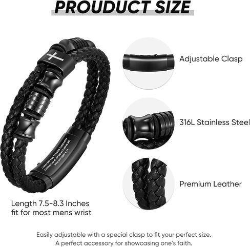 TempBeau Christian Black Leather Bracelet for Men - Double-Row Braided Leather Faith Cross Bracelets for Men Jewelry Gift Religious Baptism Easter Gifts for Young Men Teenage,Adjustable Wristband in Saudi Arabia