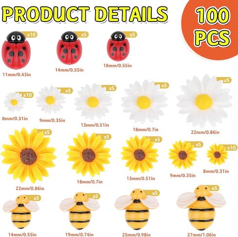 KALIONE 100 Pcs Mini Resin Bee Daisy Flowers Ladybugs Charms Flatback Resin Charms Embellishments for Crafts Bumblebee Decor Daisy Beads for Women DIY Craft Wreath Scrapbooking Party Home Decorations in Saudi Arabia