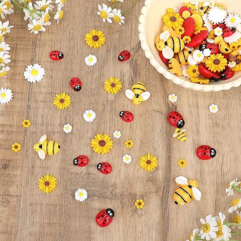 KALIONE 100 Pcs Mini Resin Bee Daisy Flowers Ladybugs Charms Flatback Resin Charms Embellishments for Crafts Bumblebee Decor Daisy Beads for Women DIY Craft Wreath Scrapbooking Party Home Decorations in Saudi Arabia