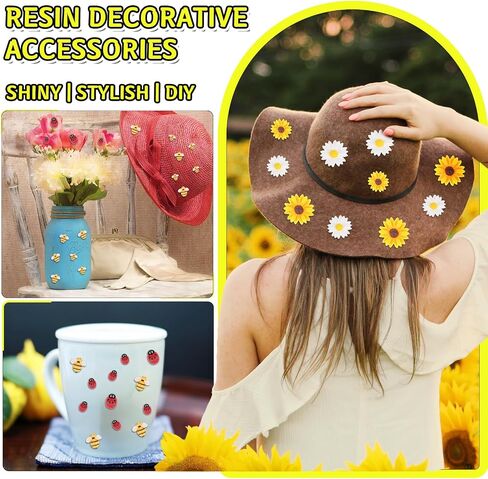 KALIONE 100 Pcs Mini Resin Bee Daisy Flowers Ladybugs Charms Flatback Resin Charms Embellishments for Crafts Bumblebee Decor Daisy Beads for Women DIY Craft Wreath Scrapbooking Party Home Decorations in Saudi Arabia