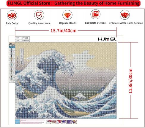 مجموعات طلاء HJMGL 5D Diamond AIT للبالغين، موجة رائعة من Kanagawa Ukiyo-e، حفر كامل دائري DIY ملصقات فنية ماسية عبر الغرز لتزيين جدران المنزل (15.7 × 11.8 بوصة) in Saudi Arabia