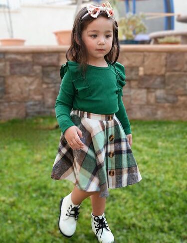 AGQT Toddler Girls Long Sleeve Knitted Shirt Sweater Tops & Plaid Pleated Mini Skirt Set Fall Winter 2 Piece Set in Saudi Arabia