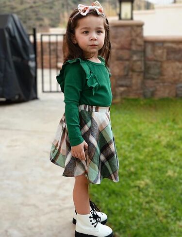 AGQT Toddler Girls Long Sleeve Knitted Shirt Sweater Tops & Plaid Pleated Mini Skirt Set Fall Winter 2 Piece Set in Saudi Arabia