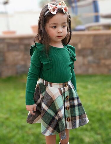 AGQT Toddler Girls Long Sleeve Knitted Shirt Sweater Tops & Plaid Pleated Mini Skirt Set Fall Winter 2 Piece Set in Saudi Arabia