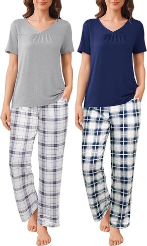 Ekouaer طقم بيجامة نسائي مكون من قطعتين بأكمام قصيرة وبنطلون طويل ملابس نوم Pjs مع جيوب S-XXL in Saudi Arabia