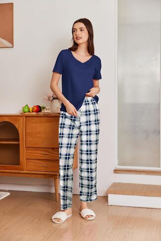 Ekouaer طقم بيجامة نسائي مكون من قطعتين بأكمام قصيرة وبنطلون طويل ملابس نوم Pjs مع جيوب S-XXL in Saudi Arabia