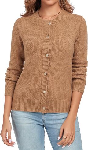 Women's Long Sleeve Button Knit Cardigan Sweater Open Front Crew Neck Striped Cardigan Jacket in Saudi Arabia