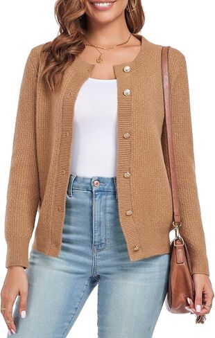 Women's Long Sleeve Button Knit Cardigan Sweater Open Front Crew Neck Striped Cardigan Jacket in Saudi Arabia