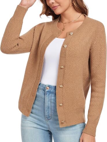 Women's Long Sleeve Button Knit Cardigan Sweater Open Front Crew Neck Striped Cardigan Jacket in Saudi Arabia