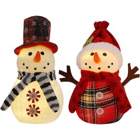 Christmas Lighted Snowman, 12" Snowman with Wreath Christmas Table Decorations, Red Black Plaid Snowman Xmas Decor for Home Kitchen Holiday Party