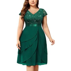 Miusol Women's Plus Size Sequin Lace V Neck Ruffle Tiered Chiffon Cicktail Party Dress