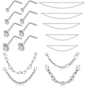 20/18G Nose Rings Chain Across Nose Piercings for Women Men Surgical Steel Double Chains Corkscrew l Shaped Bar