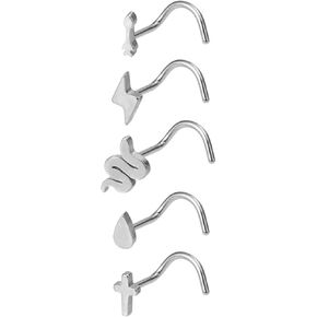 5Pcs 20G Stainless Steel Screw Nose Rings Nose Studs Simple Cross Teardrop Snake Lightning Nostril Nose Piercing Jewelry for Women Men