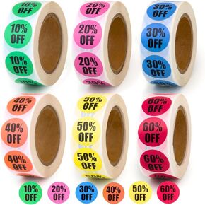 3000 PCS Sales Tags, Percent Discount from 10% to 60% Adhesive Percent Off Labels, 0.87" Diameter Garage Sale Stickers for Retail Store, Yard Sale Price Stickers, Tags, 6 Rolls (Vivid Style)
