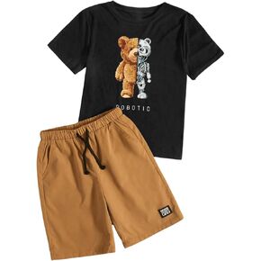 Floerns Boy's 2 Piece Outfits Cartoon Graphic Tee and Drawstring Waist Shorts Sets with Pocket