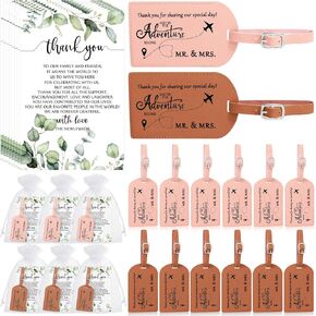 Dandat 50 Sets Wedding Favor Gifts for Guests Bulk PU Leather Honeymoon Travel Luggage Tags with Name Tel Address Cards and Organza Bags for Bridal Shower Wedding Return Gift Favors, Pink Brown