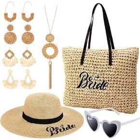 8 قطع العروس دش الشاطئ هدايا الصيف القش قبعة الشاطئ العازبة حمل حقيبة الشمس قبعة القلب النظارات الشمسية قلادة البوهيمي الروطان أقراط اكسسوارات الزفاف لحفل زفاف شهر العسل in Kuwait