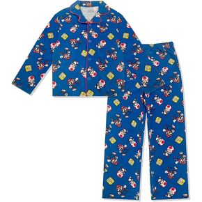 Super Mario Boy's Pajama Set - 2 Piece Boys Flannel Coat Style Matching PJs, Kids Button Down Long Family Christmas Pajamas