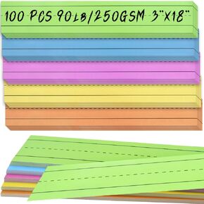 LOTMER 100 Sheets Colored Sentence Strips, 92LB/250gsm Cardstock Ruled Sentence Strips 3 x 18 Inch Sentence Strips for Teachers, Classrooms, Offices