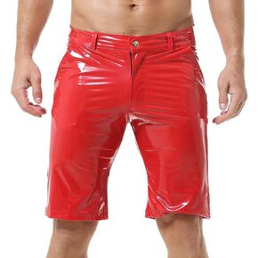 Mens PU Leather Shorts Straight Leg Button Flat Front Workout Shorts Boxer Short Pants with Pockets