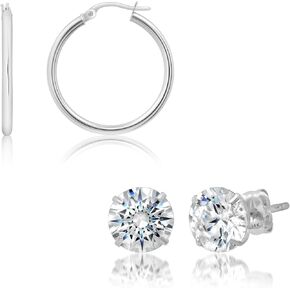 14k White Gold Hoop and CZ Earrings with Genuine Round Crystal for Women & Men | Gold Earring with Click Tops and CZ Studs with Gold Earring Backs | 1 Inch Small and 2.5 Carats total by MAX + STONE