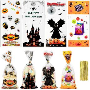 Halloween Treat Bags, Halloween Candy Bags, 100PCS Halloween Cellophane Treat Bags, Halloween Cello Cookies Goodie Gift Snacks Bags with Twists Tie for Halloween Trick or Treat Party Favors Supplies