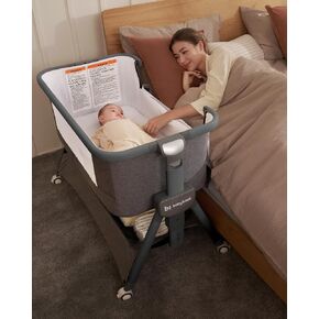 babyboat Bedside Bassinet 3S Instant Setup, Cozy 2 Travel Bassinet with Bigger Wheels Portable Bassinet Co-Sleeper with Skin-Friendly Mattress,5 Height Adjustable Bedside Crib for Baby - Wood in Kuwait