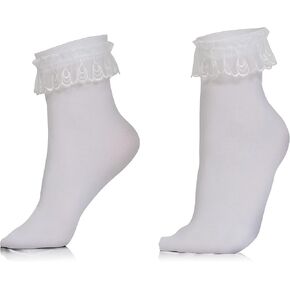Skeleteen White Ruffled Anklet Socks - Frilly White Opaque Lace Ruffles Top Trim Bobby Sock
