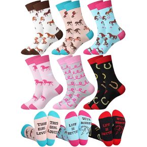 Hercicy 6 Pairs Funny Horse Socks for Women Horse Riding Crew Socks Novelty Christmas Horse Socks Gift for Women Horse Lovers Cowgirl Equestrian Derby Party Favors