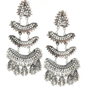 Indian Silver Oxidized Ethnic Bollywood Afghani Gypsy Tribal Designer Retro Fashion Bead Ghungroo Tassel Jhumka Jhumki Earrings