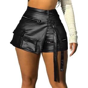 Skorts for Woman Metallic Faux Leather High Waisted Shorts Cargo Shiny Summer Sexy Asymmetrical Skirt Shorts