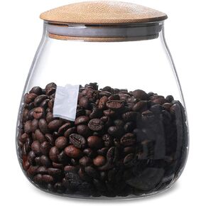 400 ML/13 FL OZ Clear Cute Glass Storage Canister Holder with Airtight Bamboo Lid, Round Modern Decorative Small Container Jar for Coffee, Spice, Candy, Salt, Cookie, Condiment, Pepper, Sugar