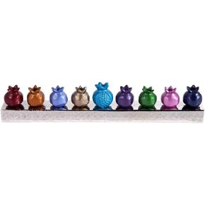 Hanukah Menorah Strip of Colored Pomegranate Candle Holders Designed by Artist (Copper)