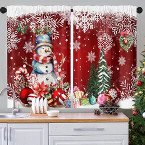 عيد الميلاد ثلج شجرة كرات ستائر المطبخ نافذة الشتاء الستائر على بالوعة مجموعة من 2، الثلج قضيب أحمر جيب ستائر قصيرة الطبقة للمطبخ، عيد الميلاد ديكور مطبخ صغير (26 × 36 بوصة) in Kuwait