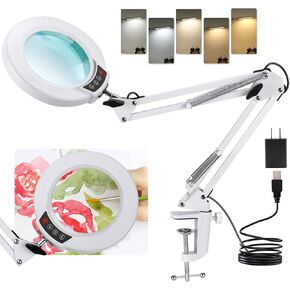 LANCOSC 10X Magnifying Glass with Light and Clamp, 5 Color Modes Stepless Dimmable Lighted Magnifier with Light, Adjustable Swing Arm LED Desk Lamp Hands Free for Close Work Crafts Repair Painting