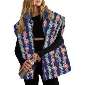 Tankaneo Womens Floral Oversized Puffer Vest Cap Sleeve Winter Warm Puffy Quilted Jackets Coat