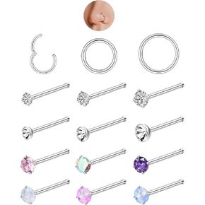 6-15Pcs 20G Nose Studs 18G Nose Rings Hoop for Women Men 316L Stainless Steel Clicker Hinged Nose Rings Hoop Straight L Shaped Nose Studs Nose Piercing Jewelry Silver Gold (Silver-Opal-Straight)