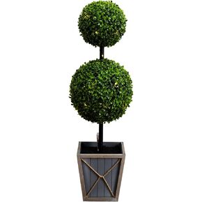 Nearly Natural 3ft. UV Resistant Artificial Double Ball Boxwood Topiary with LED Lights in Decorative Planter (Indoor/Outdoor)