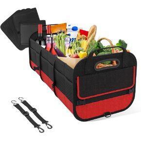 Large Organizer for Car, 95L Stretchable Storage Trunk Organizer with Divided Compartments, Fixed Big Trunk Organizer with Handles & Adjustable Straps, Car Accessories (Black & Red)