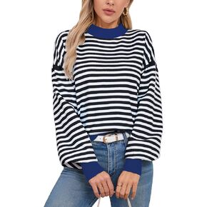 Womens Striped Sweater Long Sleeve Crew Neck Color Block Knitted Casual Pullover Sweater